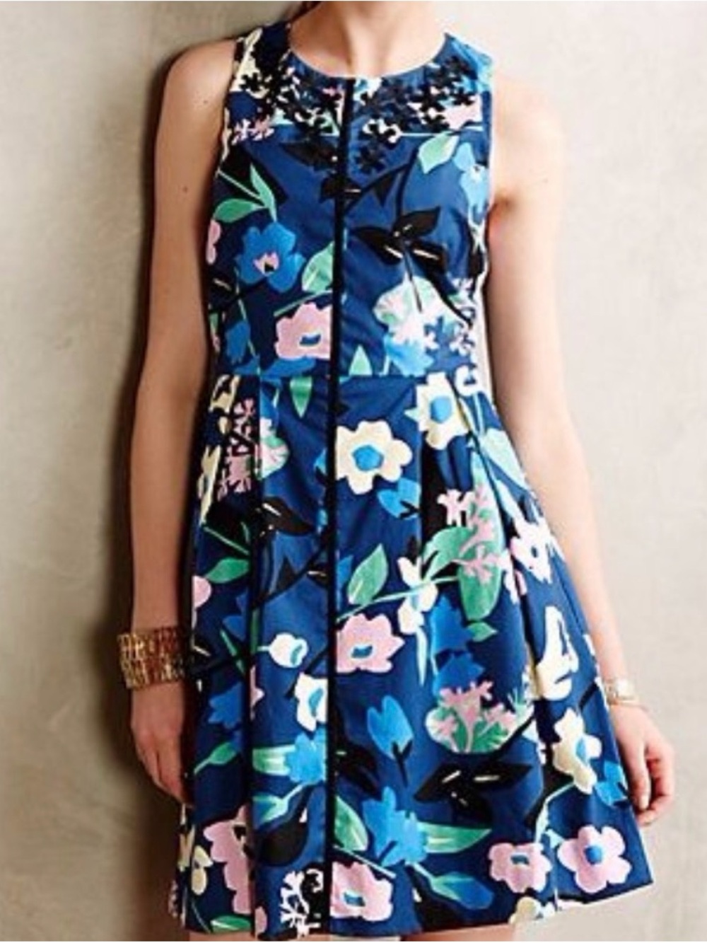 WHIT Two by Anthropologie Navy Floral Fit & Flare Mini Dress Zip Front Size 2P
